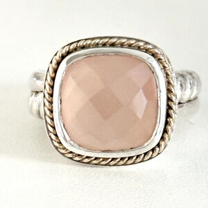 925 Sterling Silver & 14K Yellow Gold Natural Rose Quartz Cable Ring Size 7